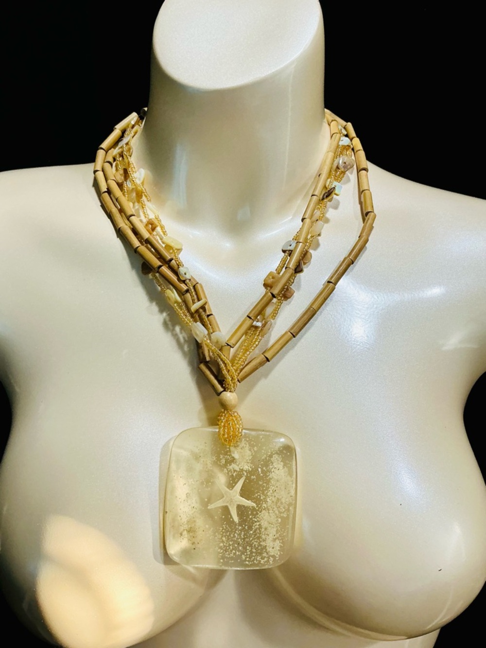 Squared Starfish & Sand Resin Pendant Bamboo Multi Strand Necklace Coastal Boho
